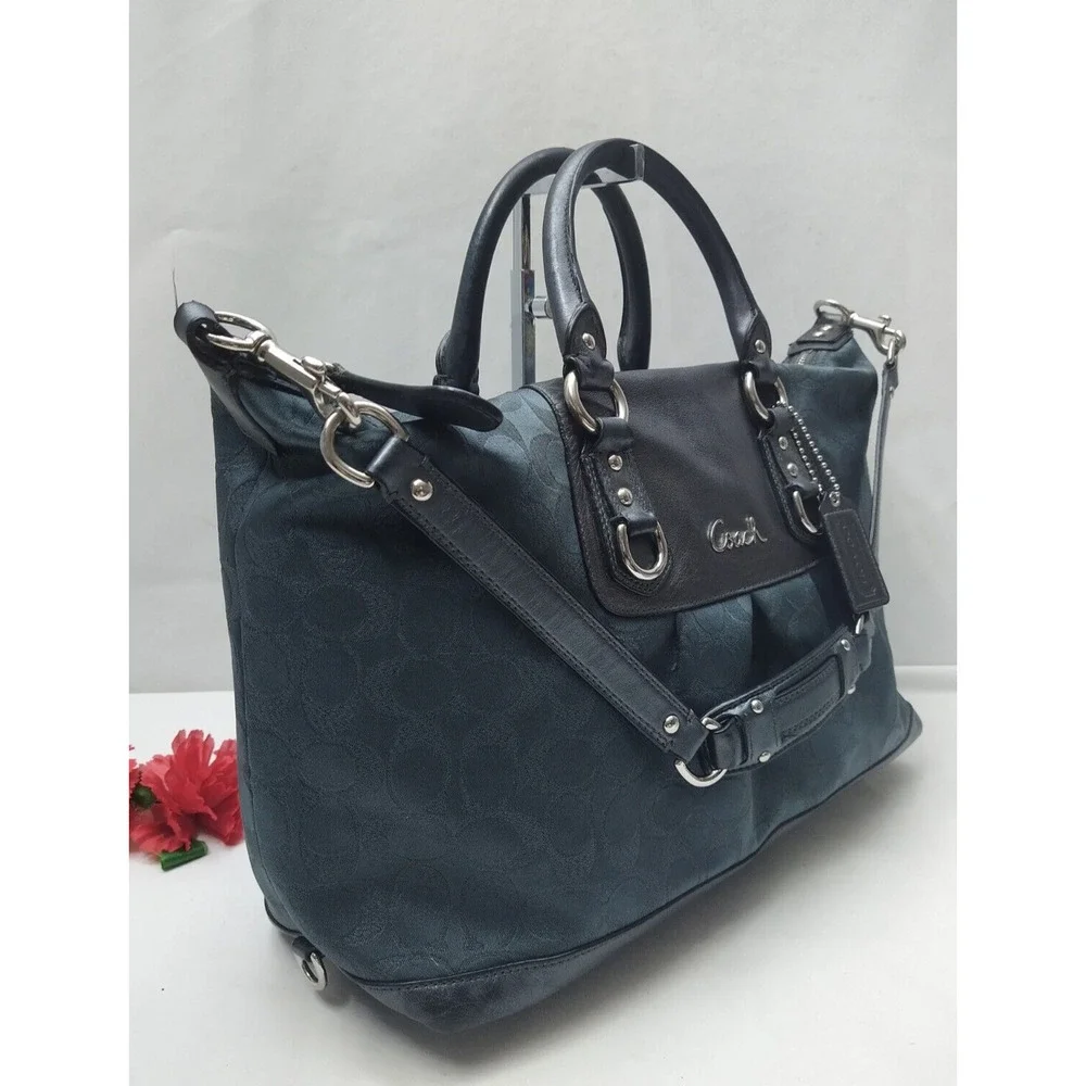 Coach Ashley Signature Dark Blue Canvas Black Leather Trim Satchel Shoulder Bag